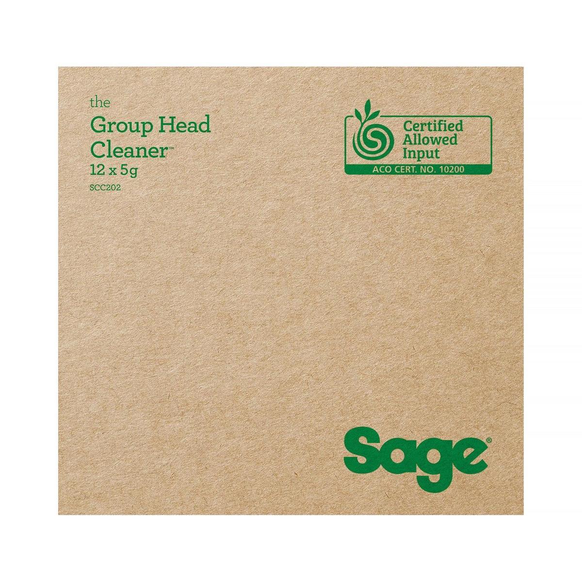 Sage espresso group head cleaner in a recyclable brown paper sachet with green text and certified organic logo.