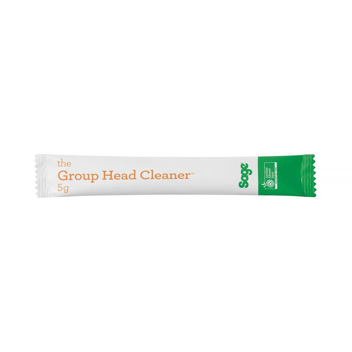 Sage 5g espresso group head cleaner single-dose sachet in white and green packaging with branded text.