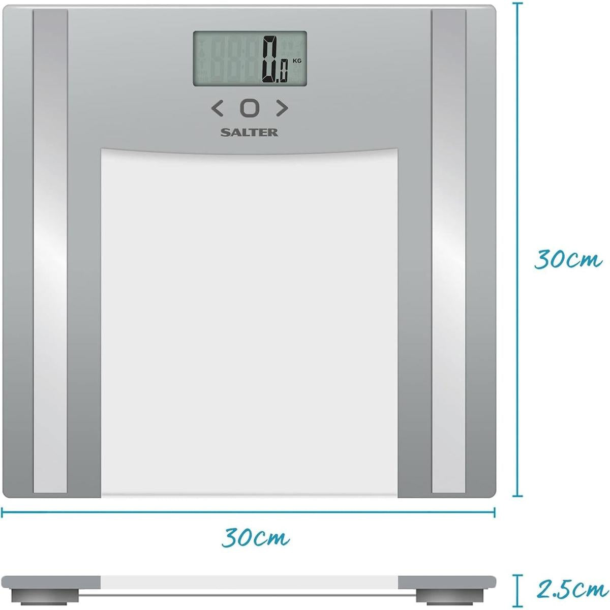 Silver Salter glass analyser bathroom scale with digital display, measuring 30cm by 30cm with a 2.5cm slim profile.