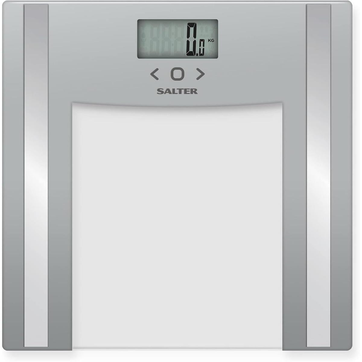 Silver Salter glass bathroom analyser scale with a digital display, touch buttons, and metallic side accents.