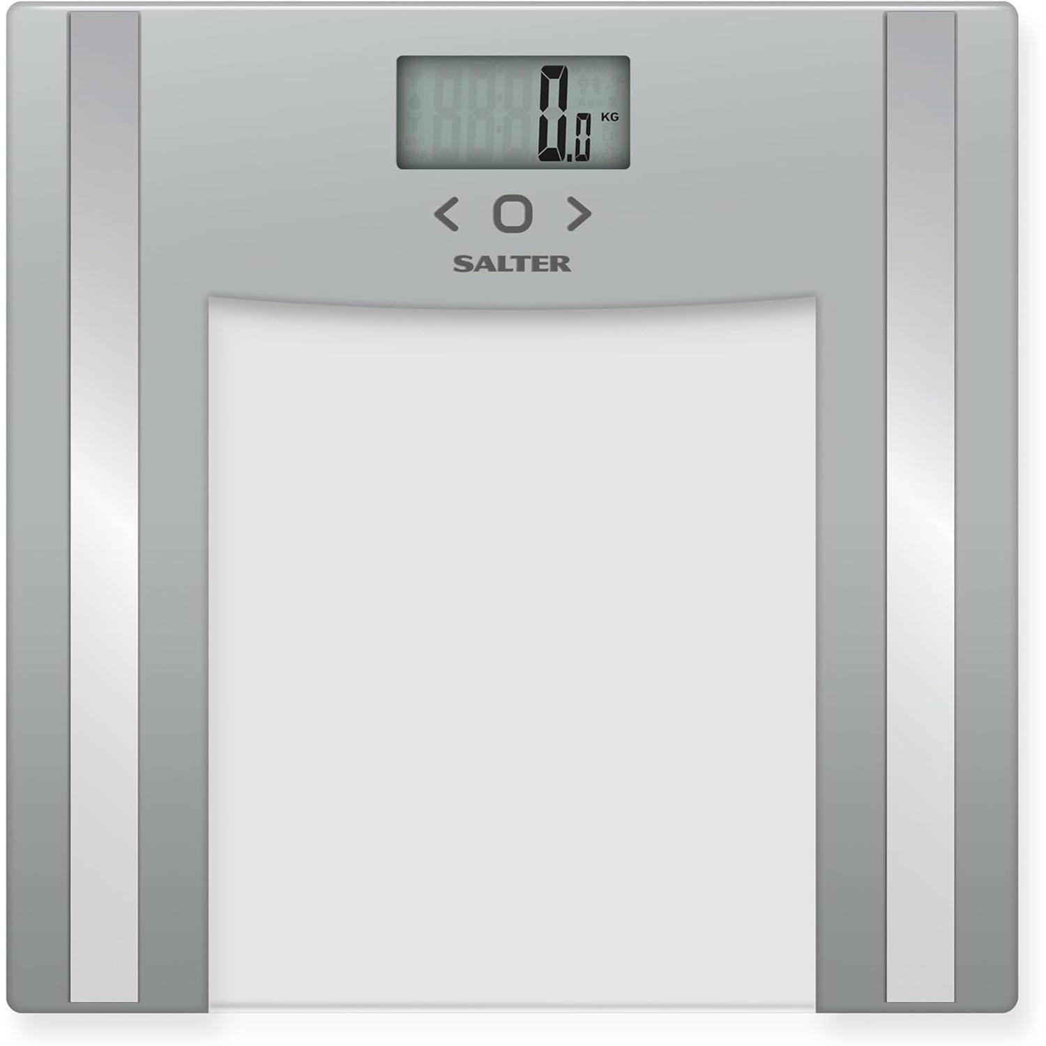 Salter 9182 SV3R Glass Analyser Bathroom Scale, 150 kg Max Capacity, Measures Body Fat/Water, Muscle/Bone Mass, BMI, 8 User Memory, Athlete Mode, Easy to Read Display, Silver