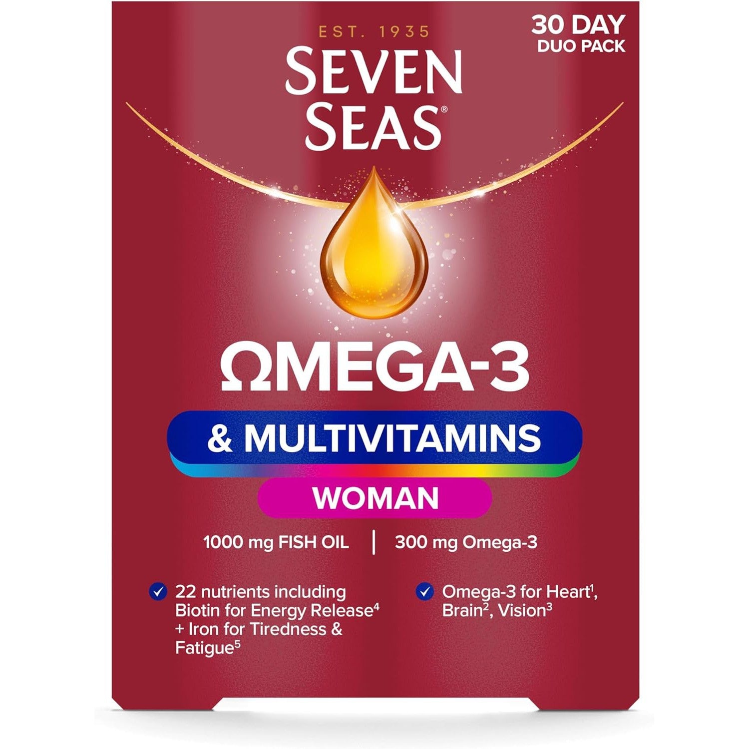 Seven Seas Omega-3 & Multivitamins Woman, With Biotin and Iron, 30-Day Duo Pack, 30 Omega-3 Capsules and 30 Multivitamin Tablets