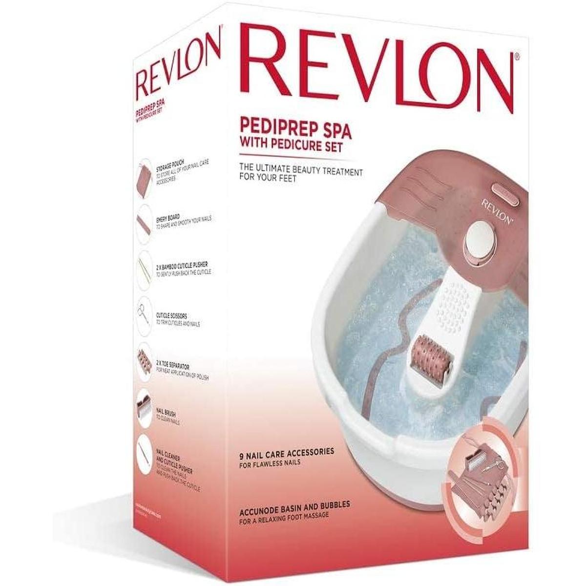 Revlon Pediprep foot spa in white and rose gold, featuring a bubbling basin, rolling massager, and 9-piece pedicure accessory set.