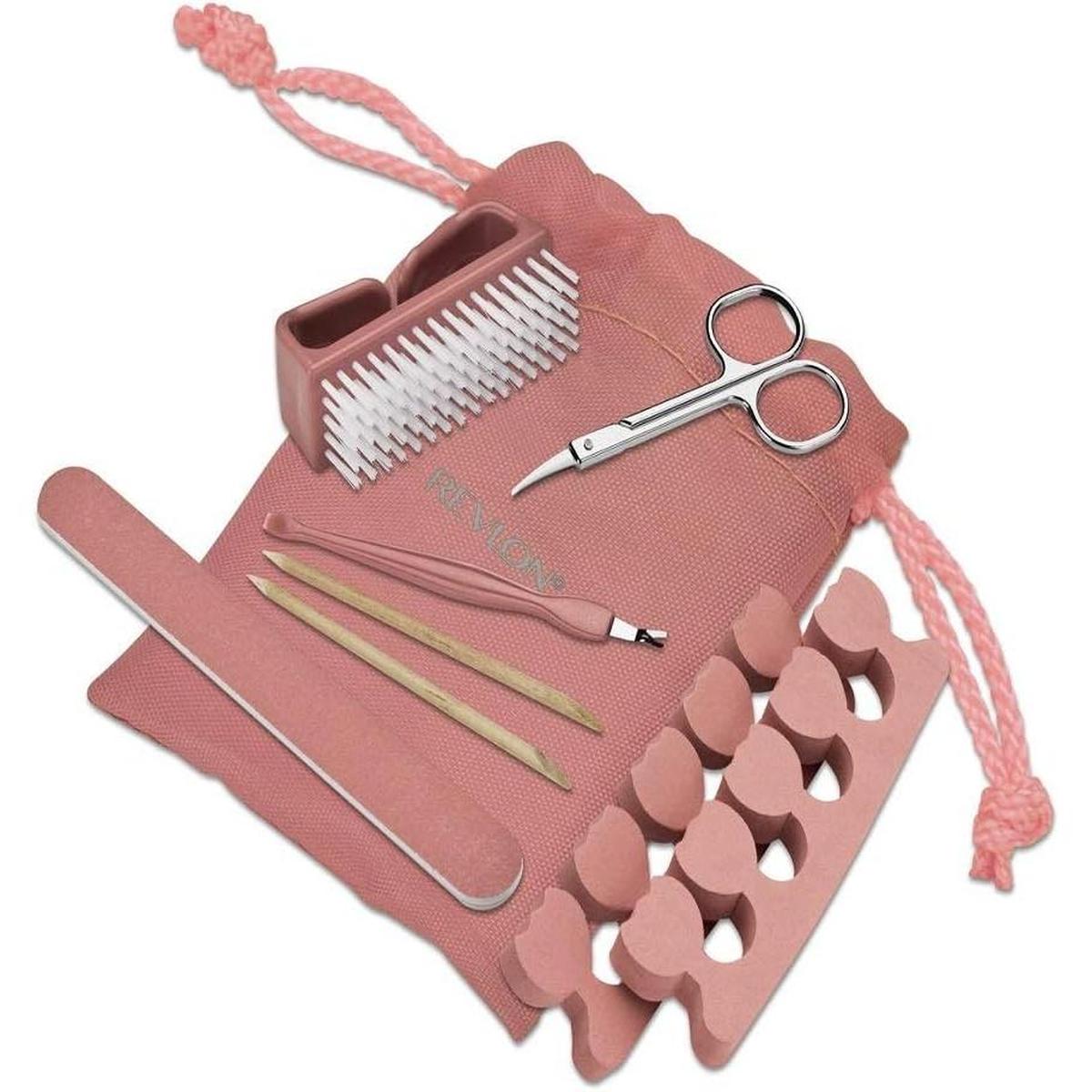 Revlon pedicure set with pink storage pouch, nail brush, scissors, emery board, bamboo pushers, and foam toe separators.