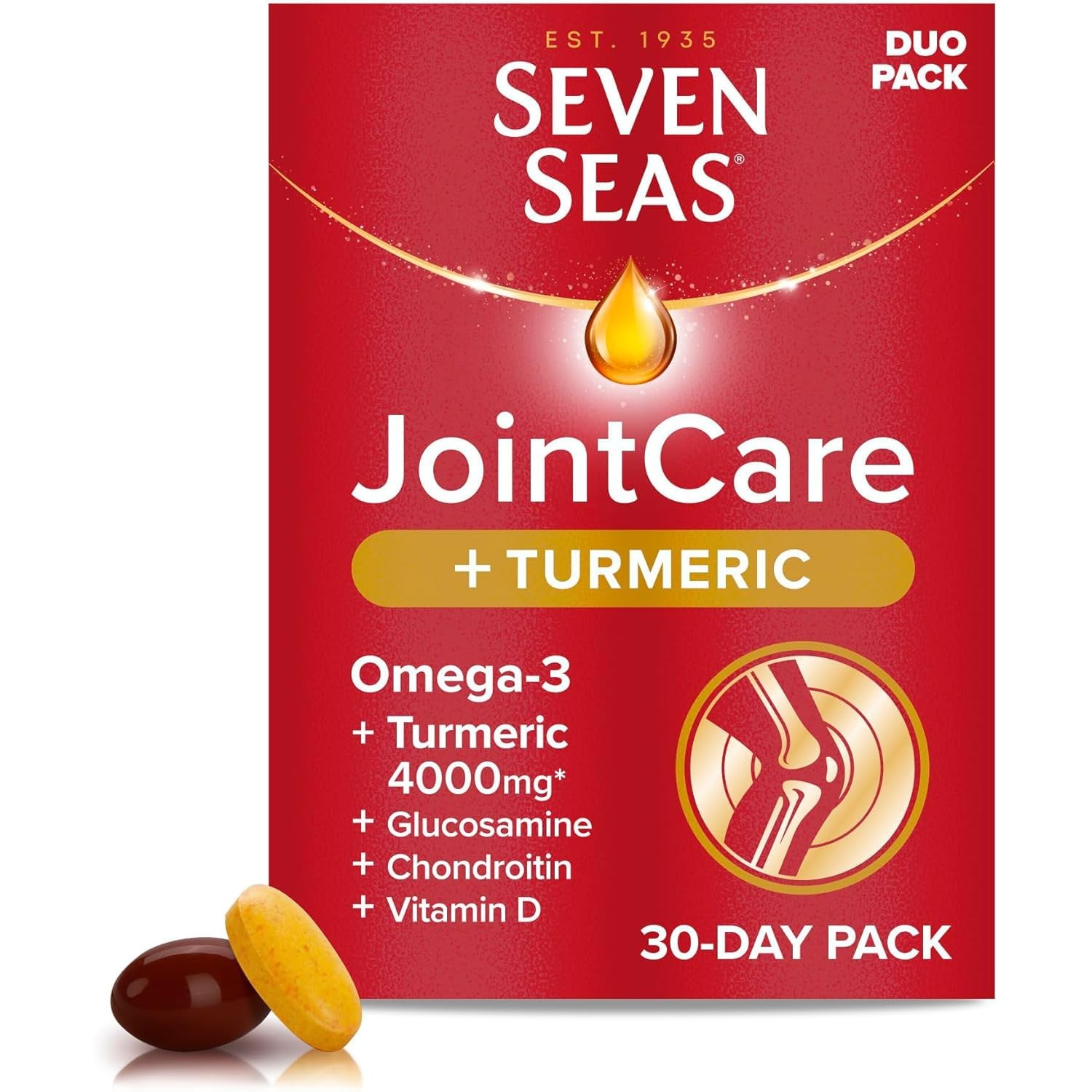 Seven Seas JointCare + Turmeric, with Omega-3, Glucosamine, Chondroitin, Vitamins C and D, Manganese and Zinc, Food Supplements, 30-Day Pack