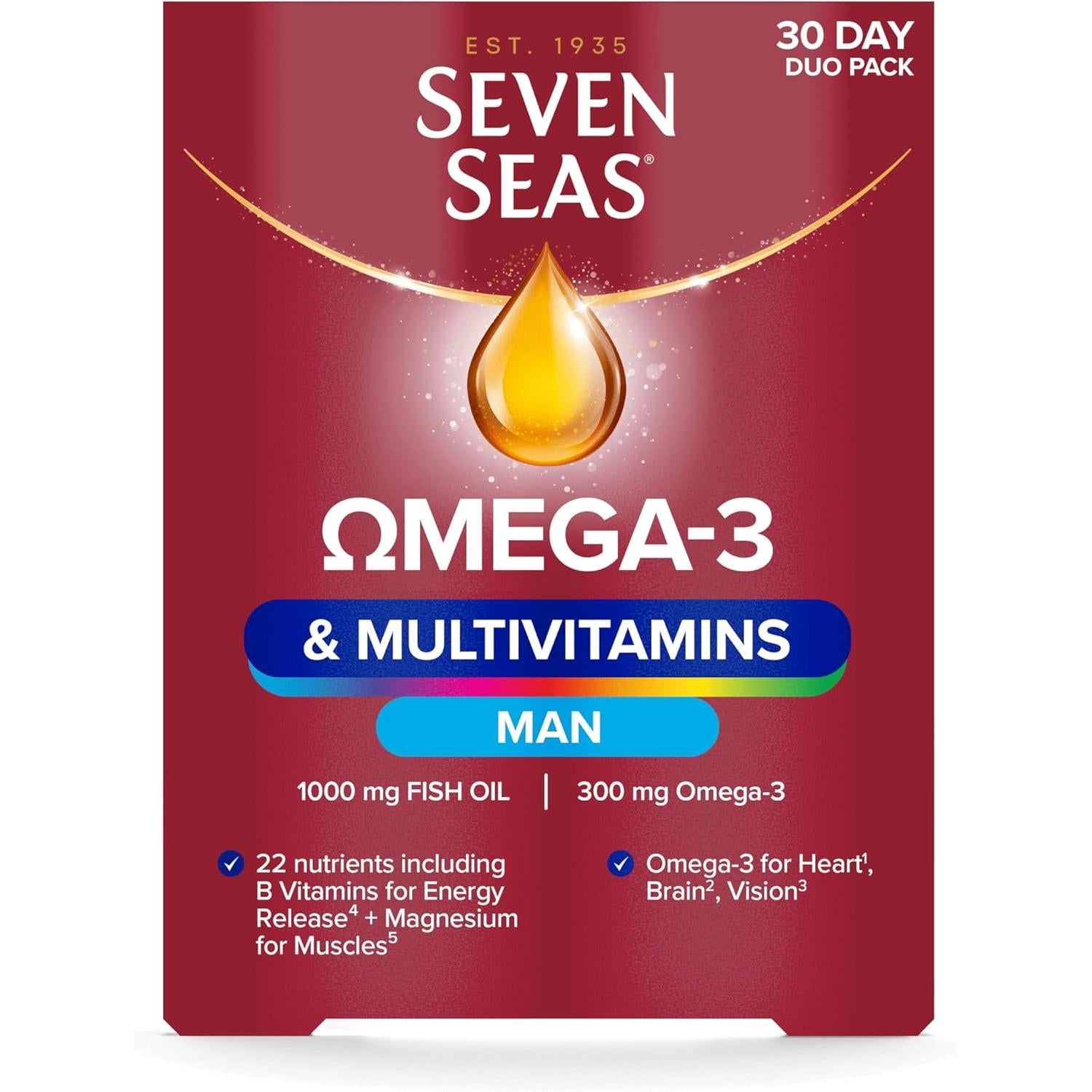 Seven Seas Omega-3 & Multivitamins Man, with B Vitamins and Magnesium, 30-Day Duo Pack, 30 Omega-3 Capsules and 30 Multivitamin T