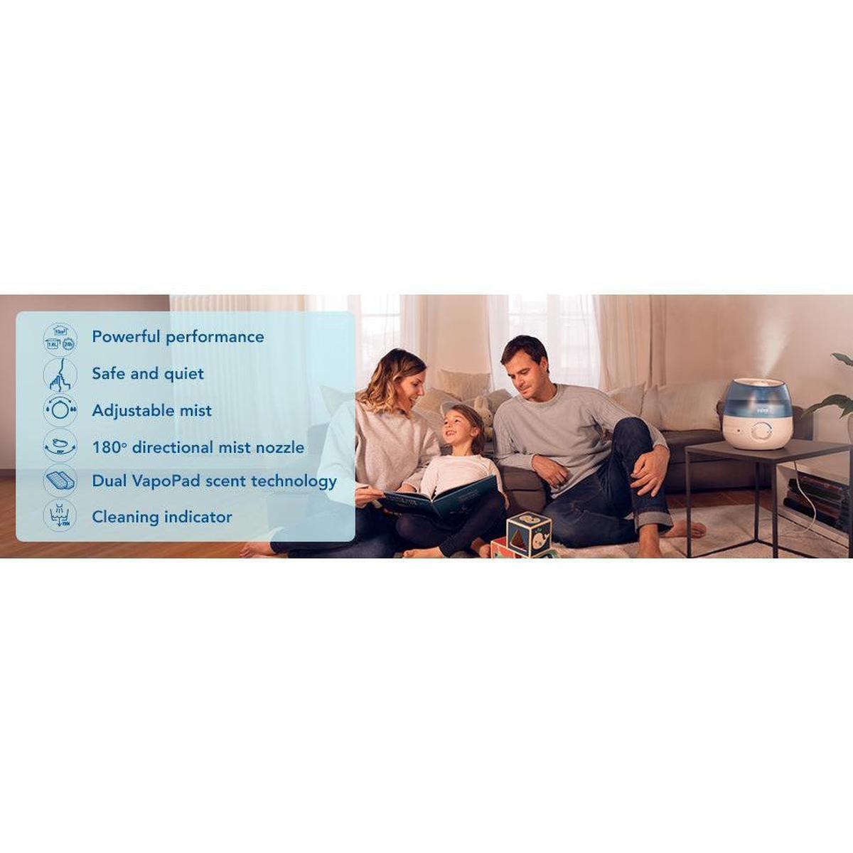 Vicks VUL525E1 Mini Cool Mist Ultrasonic Humidifier New Version - 0.5 Gallon Tank, Blue - Healthxpress.ie