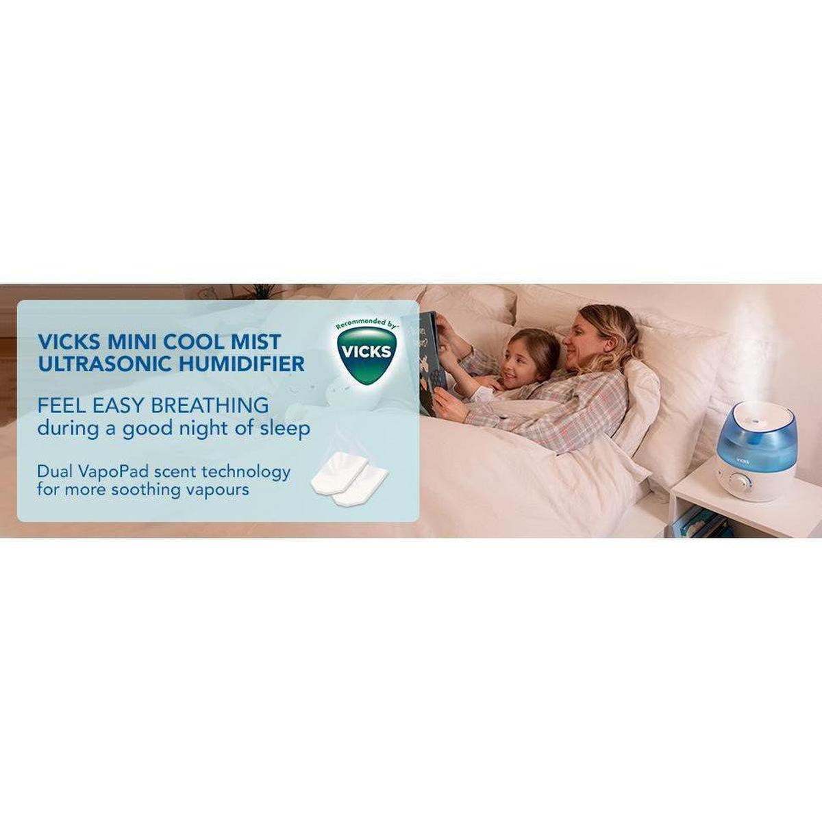 Vicks VUL525E1 Mini Cool Mist Ultrasonic Humidifier New Version - 0.5 Gallon Tank, Blue - Healthxpress.ie