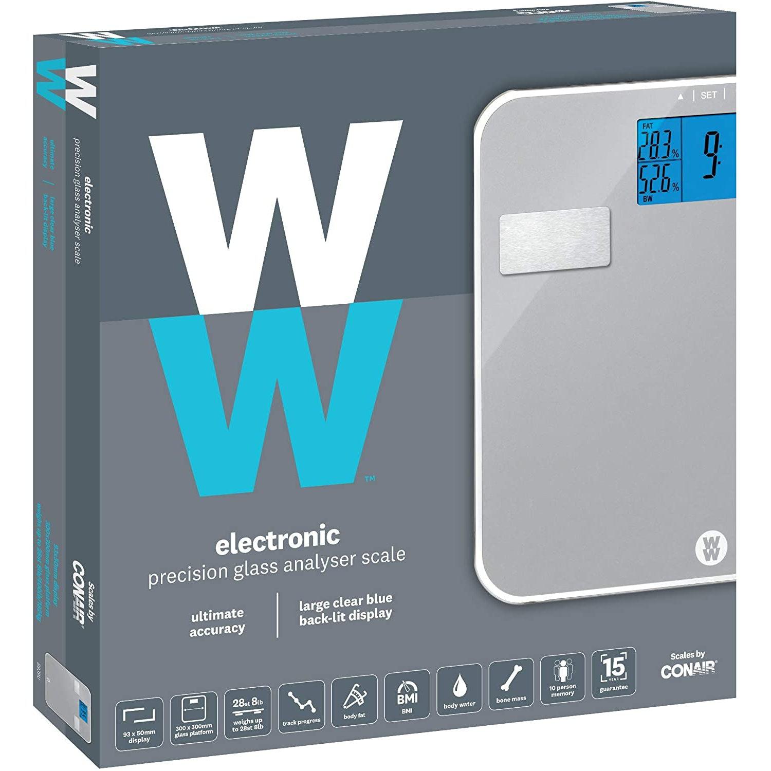 Weight Watchers Electronic Precision Analyser Glass Weighing Scales - BMI, Body Fat%, Body Water%, Bone Mass%