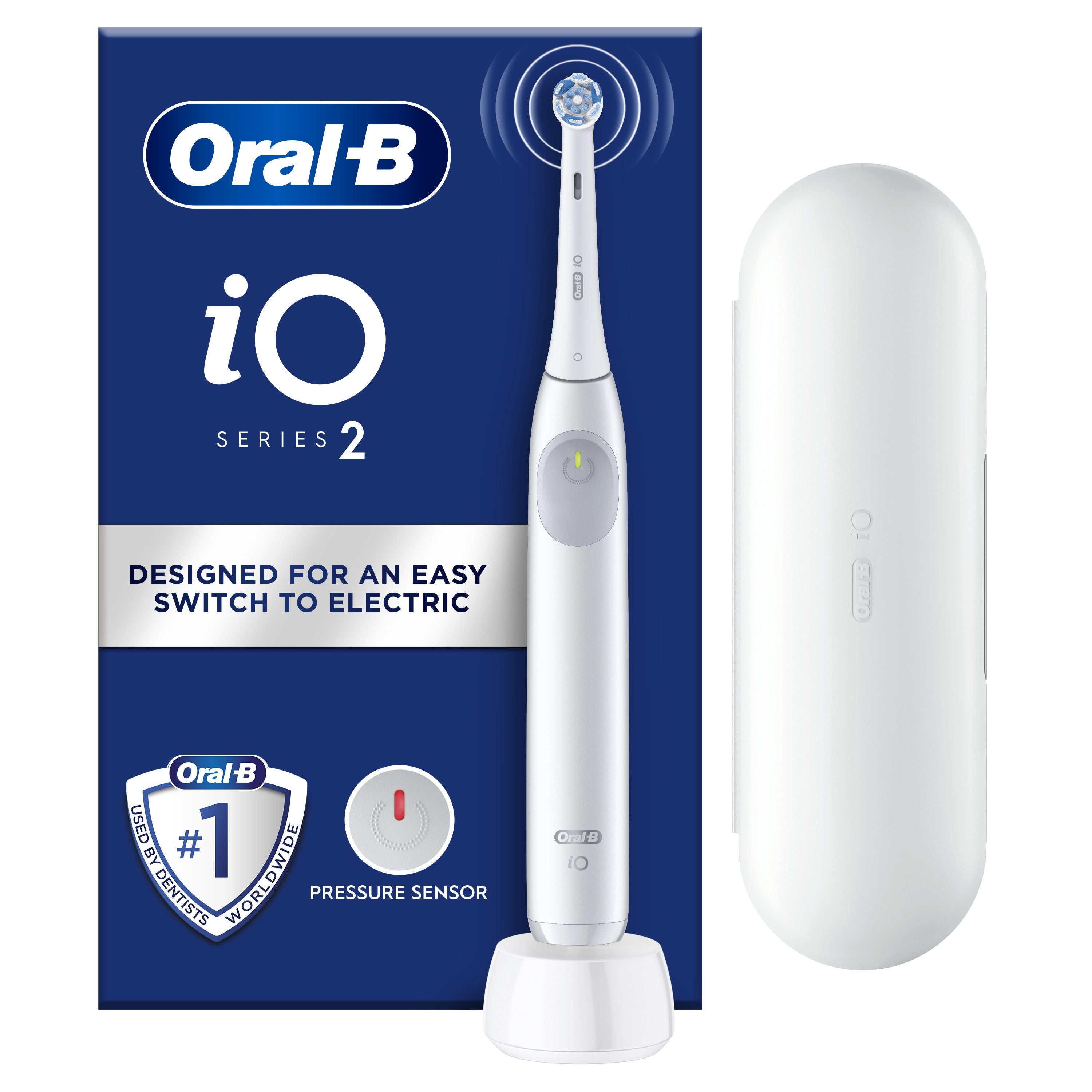 Oral-B iO2 White Electric Toothbrush, 1 Toothbrush Head, 1 Travel Case, 1 Travel Refill Holder, Designed by Braun